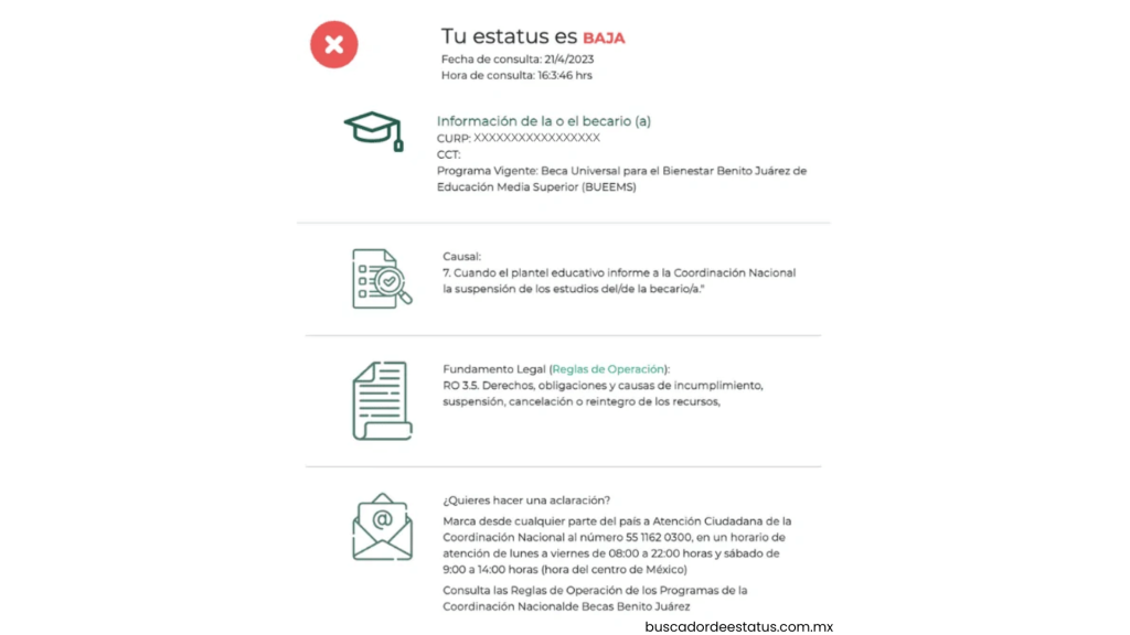 El buscador de estado muestra "baja"